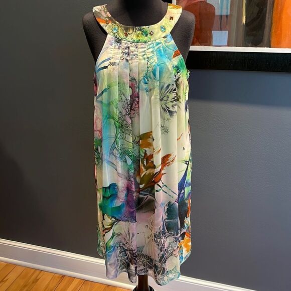 K studio sheer lined soft floral pleated beaded neckband halter midi. Size 6. - Picture 1 of 6